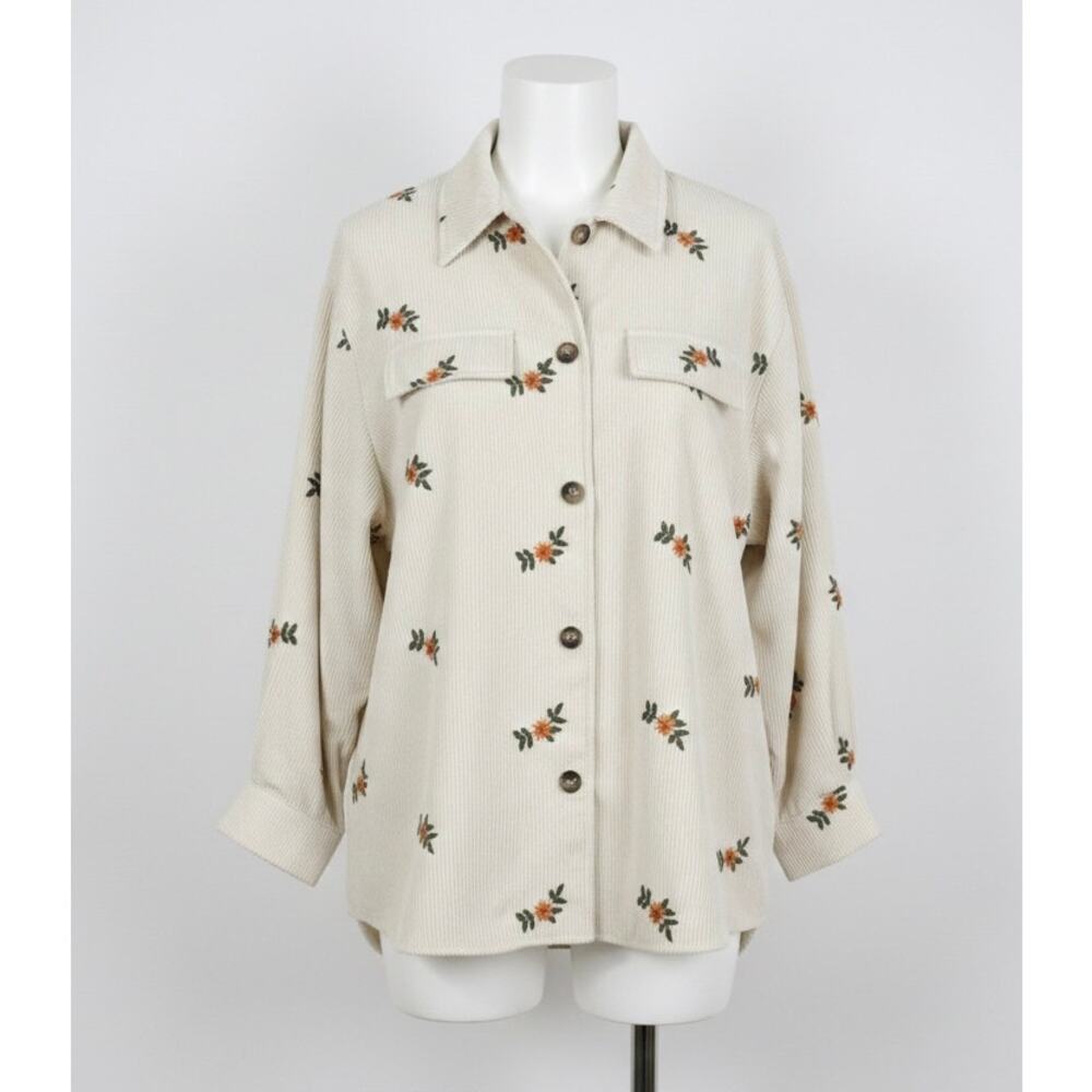 J. NNA Button Down Embroidered Flowers Corduroy Shirt Large Oversized Slouchy
